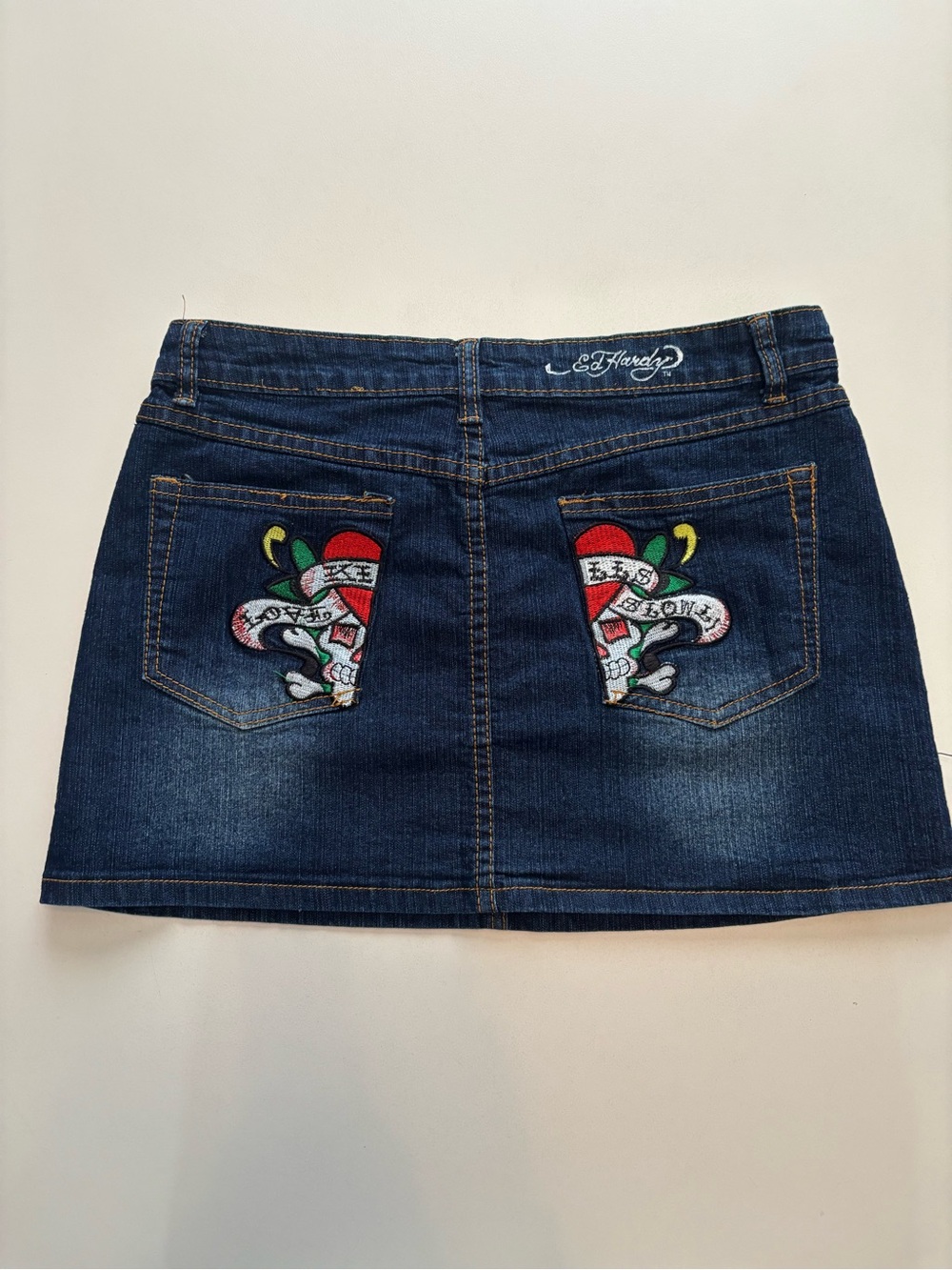 Y2K embroidered skull ed hardy women’s denim skirt